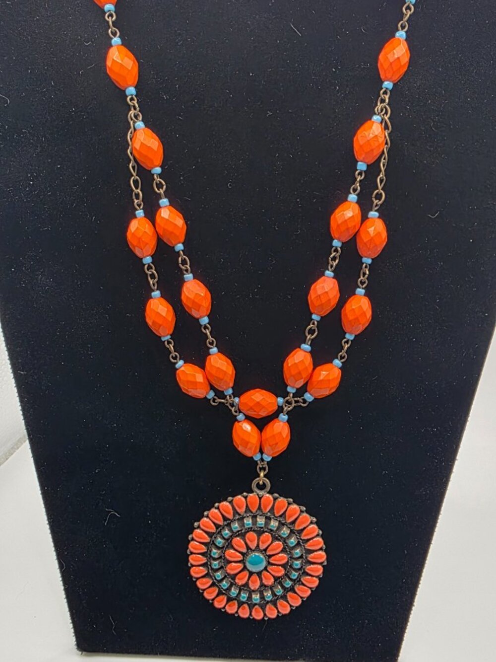 Vintage Style Orange Turquoise Enamel Medallion Statement Necklace Boho
